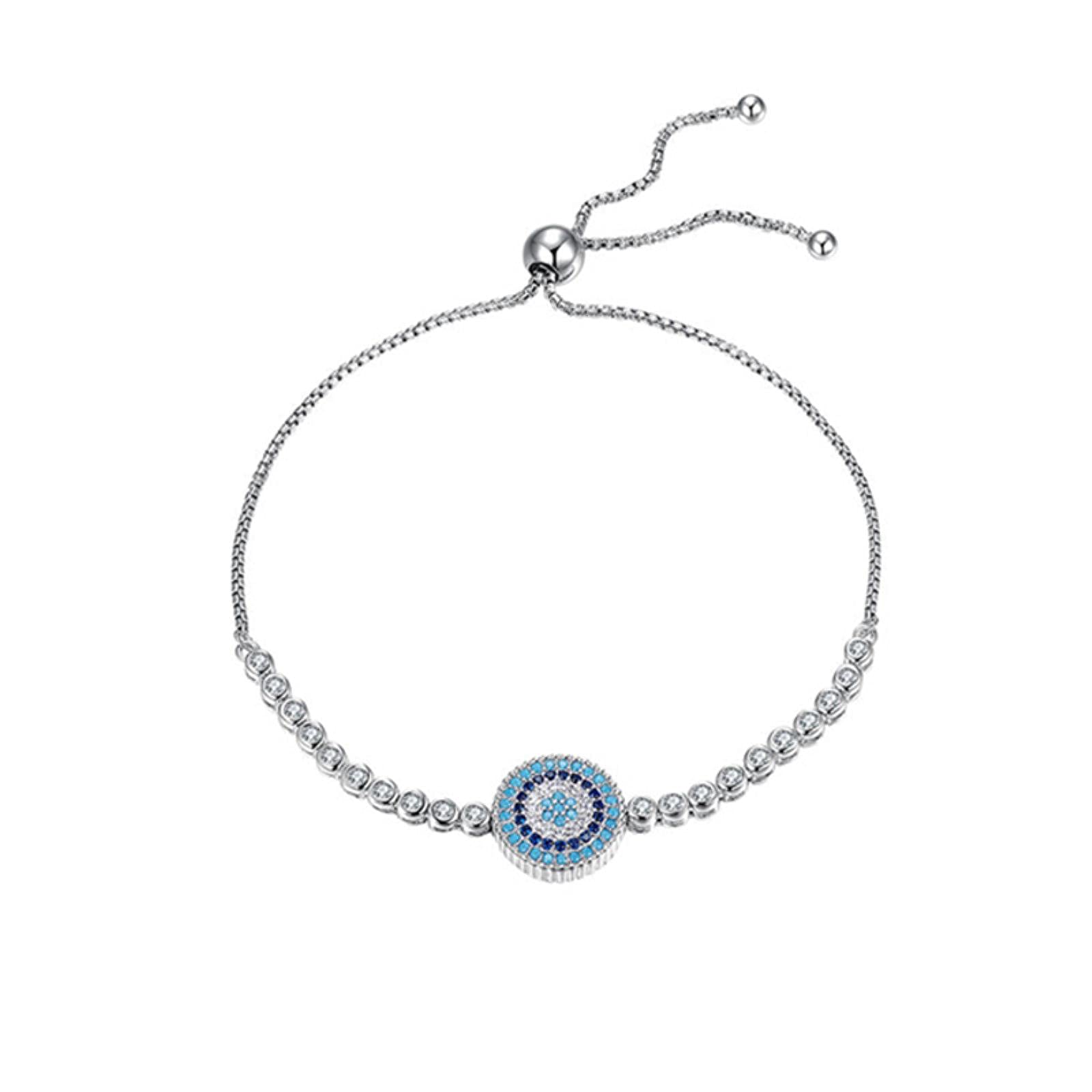 Lokiloki Women's Blue,Silver 925 Sterling Silver Lucky Round Blue Evil Eyes Power Tennis Bracelet Pave Cz Adjustable Box Chain Fine Jewelry