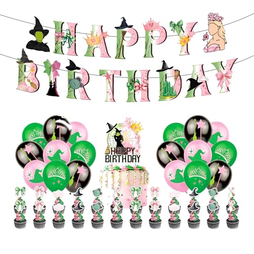 Green and Pink Birthday Decoration Set with Balloons Banner Cake Topper Cupcake Toppers Disco Cosplay Birthday Decorations for Girls Party Supplies