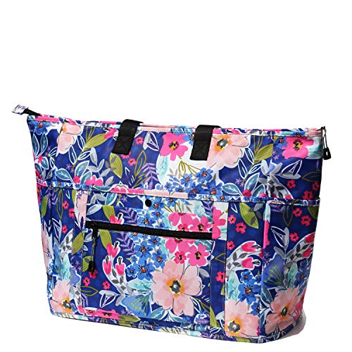 Women Ladies Weekender Bag Muti-pockets Overnight Carry-on Duffel Travel Gym Tote Luggage Duffle with Trolley Sleeve (Blue Flower)