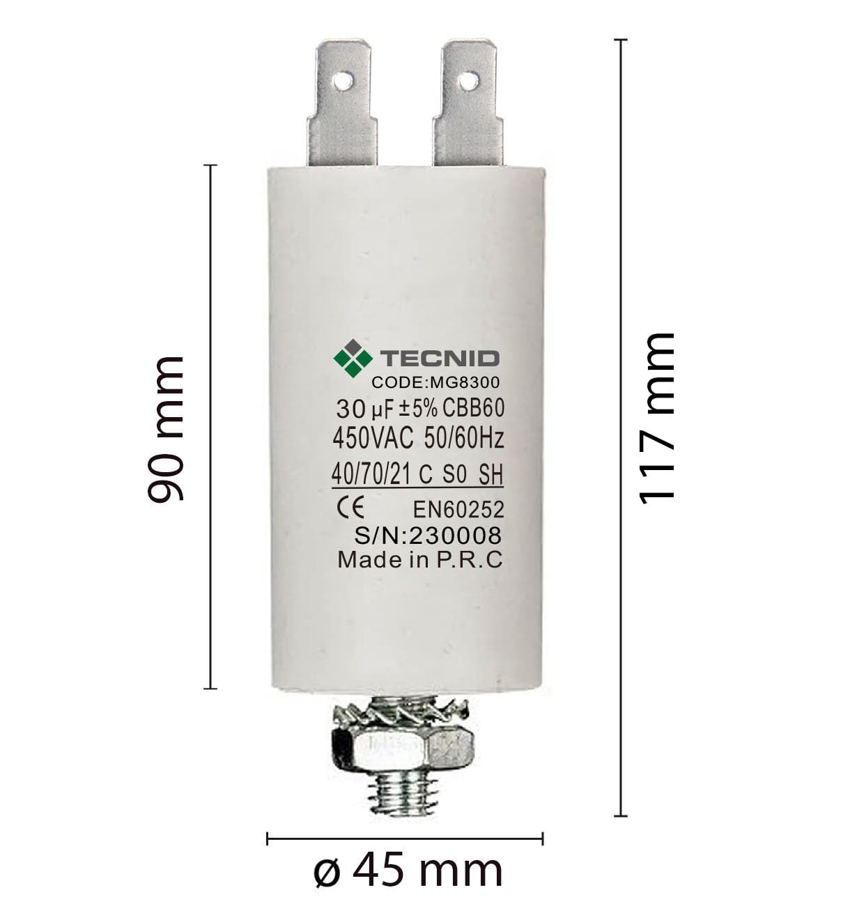 Condensador de arranque 450V 30µF 4 pines M8 para motores eléctricos