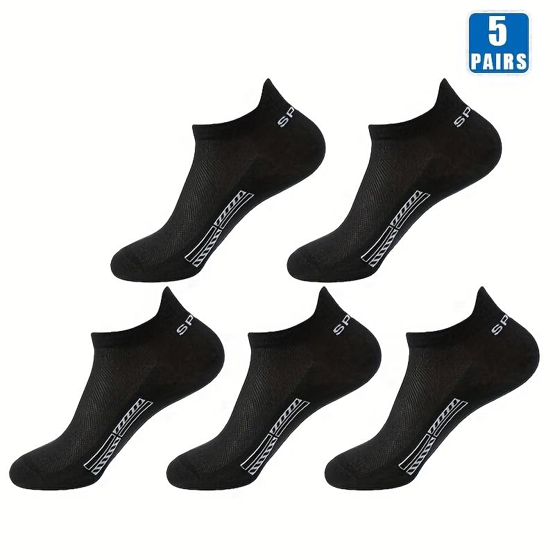 Athletic No Show Socks, Low Cut Ankle Design, Unisex, Breathable Mesh, Comfortable Polyester Blend, Low-Cut Invisible Socks with Arch Support for Sports & Outdoor Activities, Black, 5 Pairs2