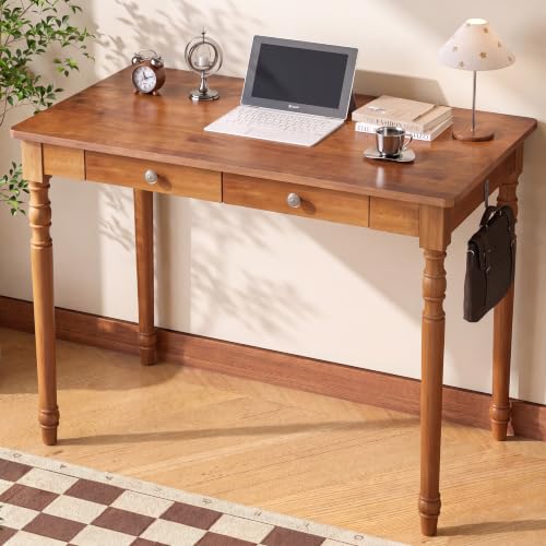 Image of 100% Solid Wooden Desk with Drawers - 39.4 inch Mid Century Modern Desk with 2 Hooks, Vintage Writing Desk with Drawers, Simple Work Study Table for Bedroom & Home Office - Walnut Color