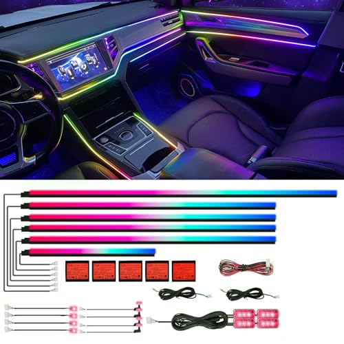 Dreamcolor Acrylic Interior Car LED Strip Light with APP, 18-in-1 128 Colorful 6 pieces Fiber Optic Car Decoration Atmosphere Light Kits, Dual Zone Music Sync Rhythm RGB Neon Lighting for All Cars