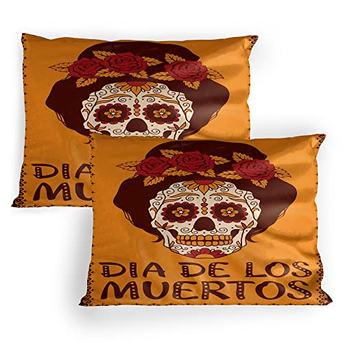Lunarable Skull Pillow Sham Set of 2, Frame Mexican Girl Hairstyle Carnival Smile Ornate Party Dance Print, Quality Microfiber Bedding Item for All Seasons, 30