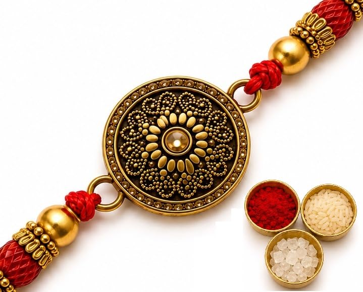 Designer Rakhi for Brother on Rakshabandhan with Roli Chawal Chandan Mishri Raksha Bandhan Gift Set Puja Tilak Essentials-image-30