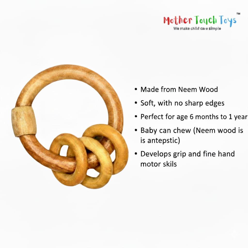 Mother Touch Toy Neem Wood Baby Rattles & Teethers Set (8 Items) | Non-Toxic, BPA-Free Wooden Infant Toys for 0–2 Years | Natural Neem Jhunjhuna, Teethers & Cradle Rings Gift Box 2