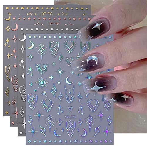JMEOWIO Nagelsticker Holografischer Aurora Mondstern 8 Blatt Nail Art Sticker Selbstklebend Nagelaufkleber Buntes Dekoration Nageldesign Zubehör