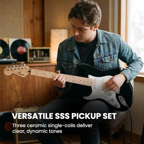 Image of Fender Squier Sonic Stratocaster Left-Handed - Black Bundle with Mustang Micro Headphone Amp, Cable, Tuner, Strap, Picks, and Austin Bazaar Instructional DVD