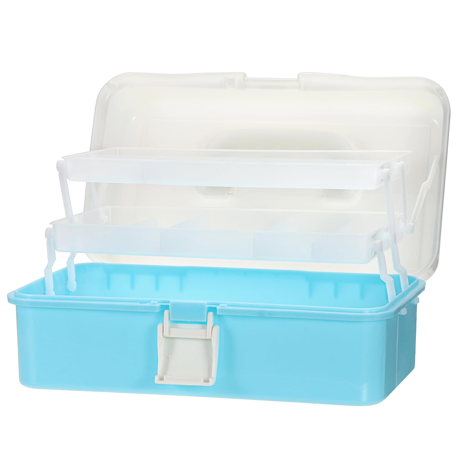 OGANAZI 3-Layer Foldable Storage Organiser Box with Compartments Sewing Box with Handles and Lids Medicine Storage Box Craft Storage Hair Accessories Organiser with Buckle 32.5*20.5*14cm White Blue