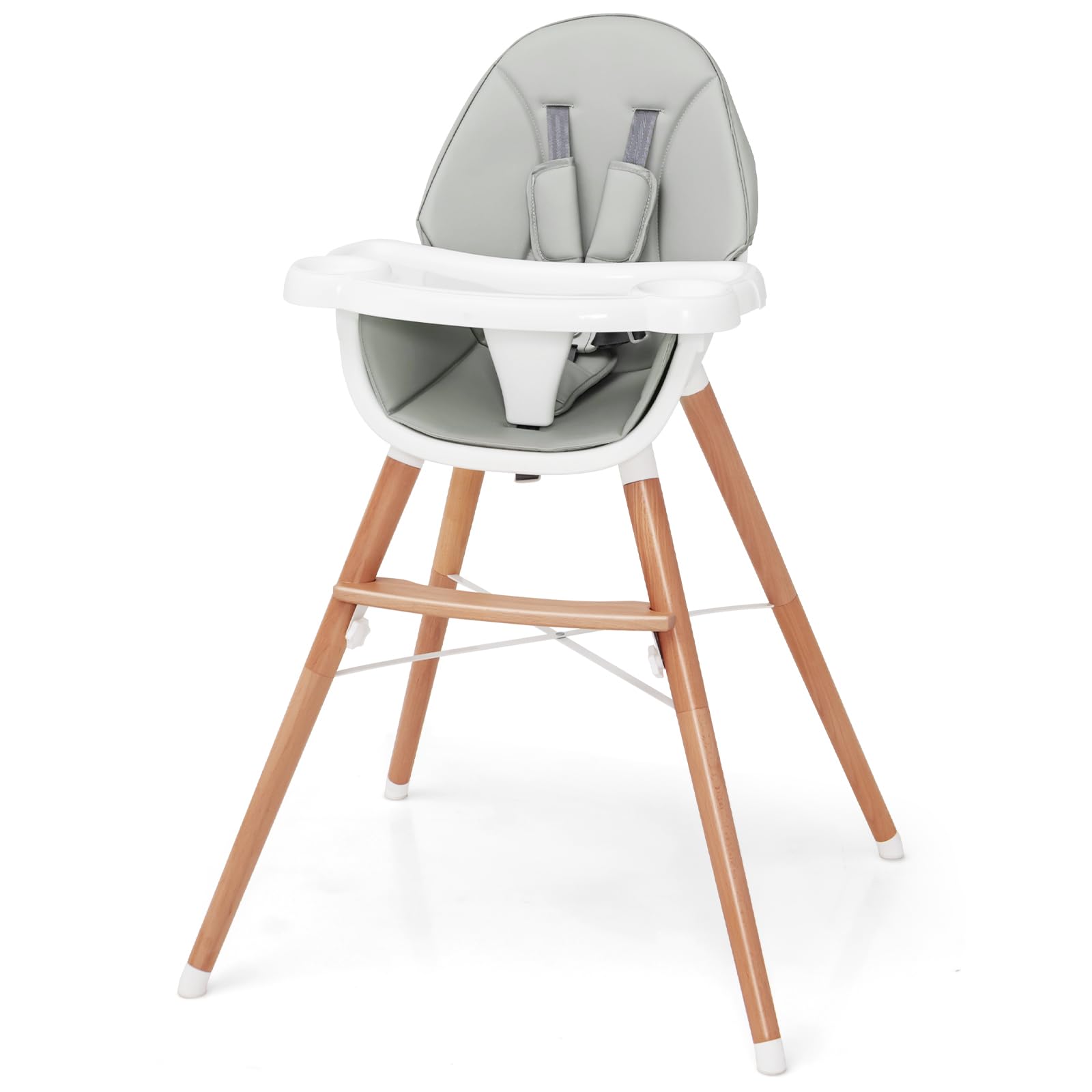 COSTWAY High Chair for Babies and Toddlers, Wooden Baby Highchair with 5-Point Safety Harness, Removable Double Tray and PU Seat Cushion, Infant Feeding Chair for 6-36 Months (Gray)