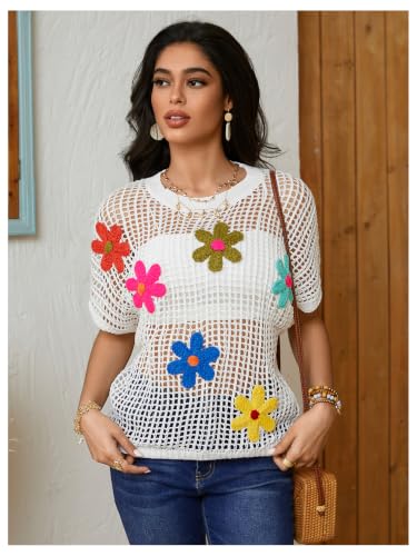 Image of BEAUDRM Women's Floral Crochet Tops Hollow Out Dolman Sleeve Applique Sweater Boho Summer Spring Top