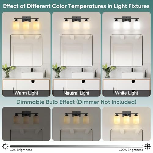 Image of Ascher Bathroom Light Fixtures, 3-Light Vanity Light Over Mirror, Black Wall Sconces with Milky White Frosted Glass Shades, Wall Lamp for Living Room Bedroom, E26 Base(Bulbs Not Included)