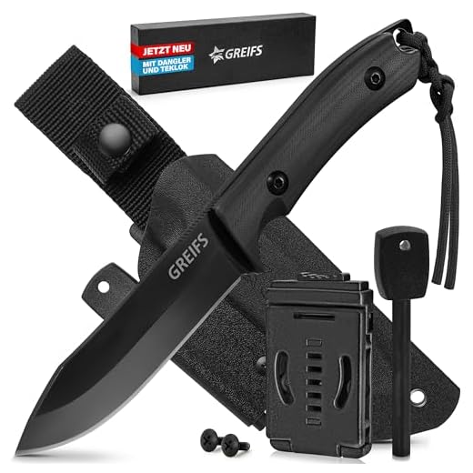 GREIFS® Outdoor-Messer aus D2 Stahl mit Kydex Holster und Feuerstahl, edles Survival Messer für die Bushcraft Ausrüstung, Jagdmesser, Schnitzmesser, Fahrtenmesser (Milan/Schwarz)