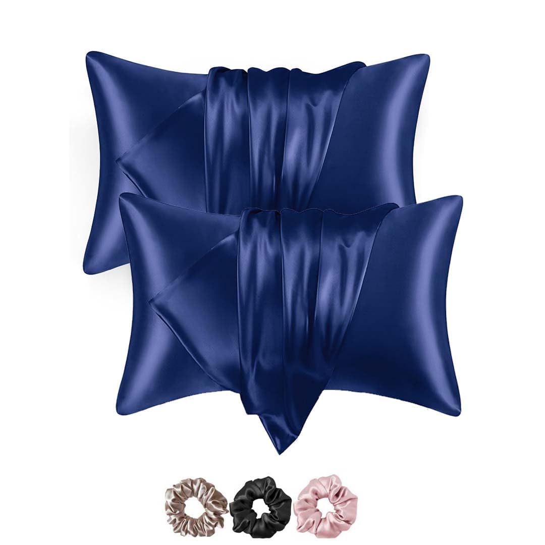 WEXUS Solid 150 Tc Satin Silk Pillow Cover 2 Piece | 3 PC Multicolor Scrunchies | with Envelope Closure Design | Comfortable for Hair and Skin | Case Set - 18"x28" inches (Blue)