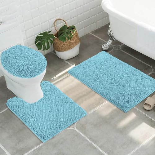 Image of Standard 3pc Set Chenille Bath Mats, Includes 21 inchx24 inch U-Shaped Contour Toilet Rug, 21 inchx34 inch Inches Bathmat and 1 Toilet Lid Cover, Plush Absorbent Bath Mats Quick Dry, Spa Blue