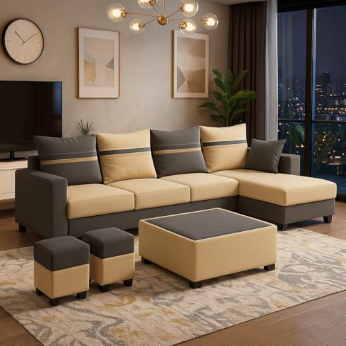 Image of CASASTYLE Wallis 8 Seater Fabric RHS L Shape Sofa Set with 1 Centre Table & 2 Puffy (Cream- Dark Grey) Velvet Finish | Comfortable Sectional Sofa for Living Room