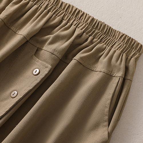 Business Skirts Women's Solid Color Elastic Waist Button Closure Side Pockets Tail Slit Mid-Calf Length Pleated Hem Skirt4