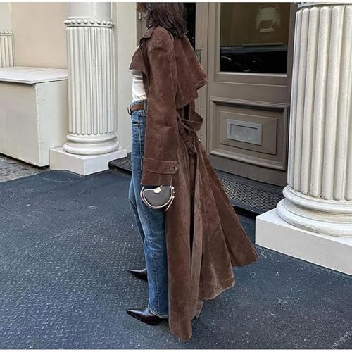 utcoco Womens Faux Suede Long Trench Coat Notched Lapel Double Breasted Pea Coat Overcoat with Belt2