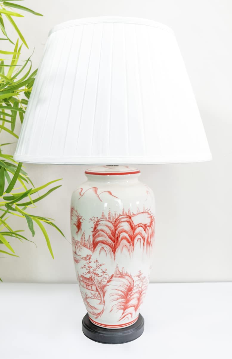 DOWNTON INTERIORS Large White Chinese Oriental Ceramic Porcelain Table Lamp Red Landscape Pattern Overall Height 68cm G2111 (White Pleated Shade)