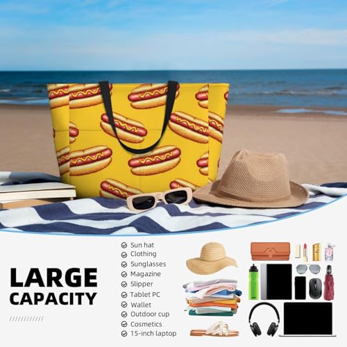 Large Beach Bags for Women Sandproof - Hot Dog Yellow Print Summer Travel Work Tote Bags with Zipper4