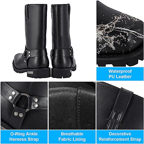 Men's Motorcycle Boot Black Riding Boots for Biker-Waterproof PU Leather Mid Calf Fashion Casual Boots2