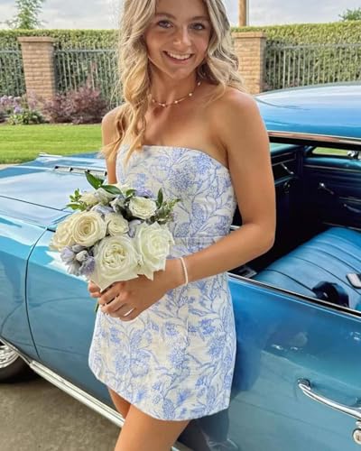 POMUYOO Strapless Satin Homecoming Dresses for Teens 2025 Floral Short Cocktail Prom Dresses with Pockets3