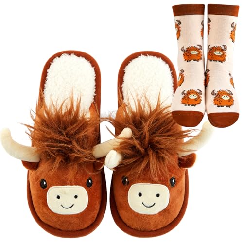 Geyoga Highland Cow Gifts for Women Set - Funny Fuzzy 3D Cotton Slipper and Socks - Non Slip House Warm (Uk 5-6 Us 7-8)