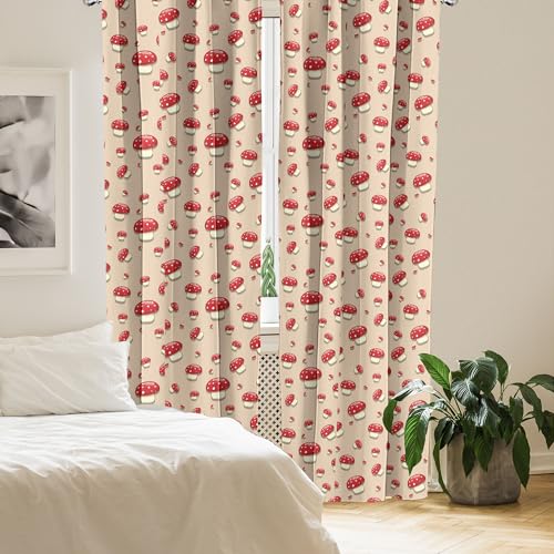 Ambesonne MICP-2_12096_56X63 Mushroom Window Curtains Pack Of 2, Woodland Themed Illustration Of Spotted Toadstool Summer Season Forest Cartoon, Lightweight Set With Rod Pocket, 4 Panels Of thumb #3