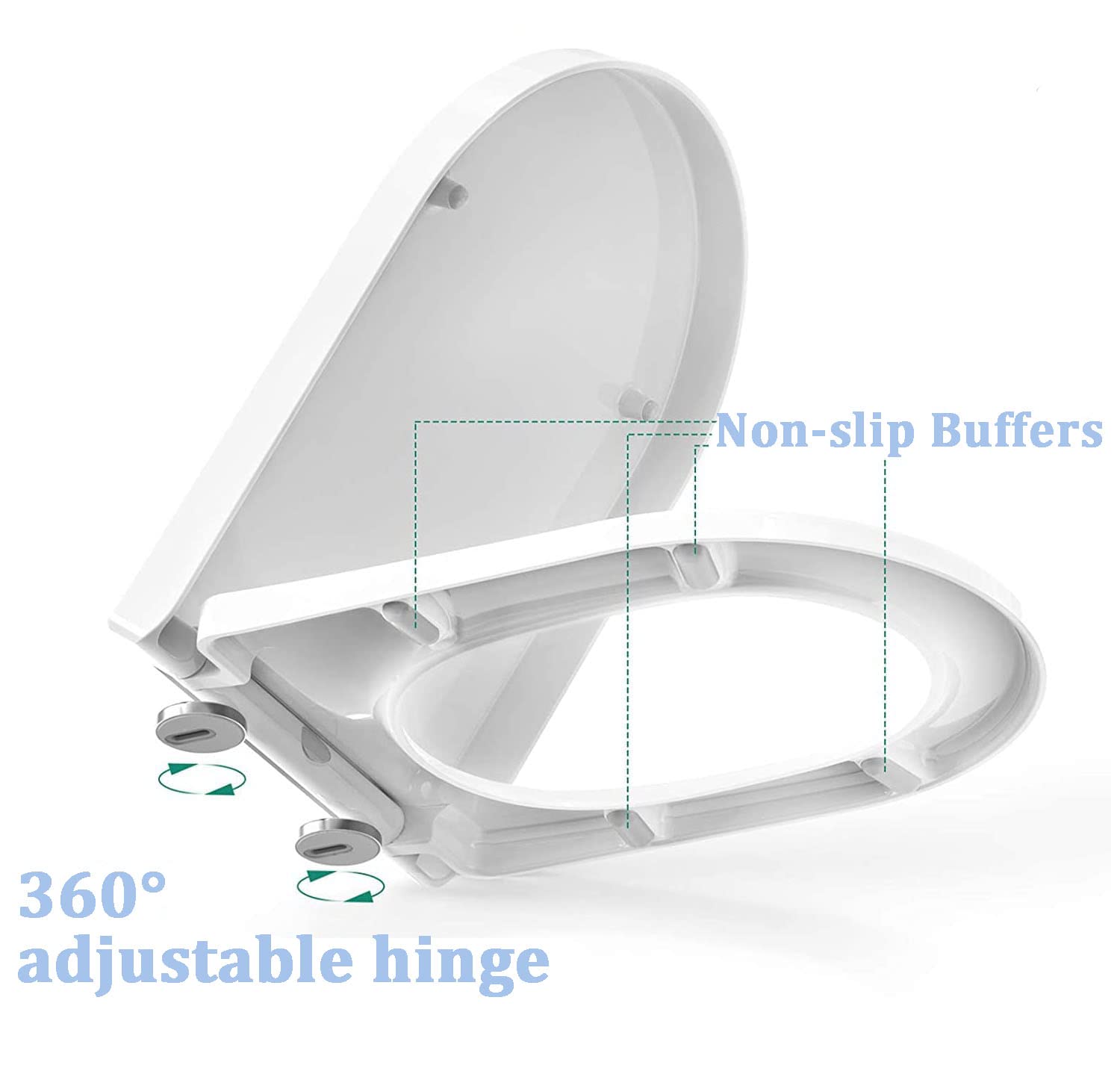 Asiento de inodoro cuadrado de alta resistencia, color blanco, cierre suave, bisagras de liberación rápida, 340 x 43,5 mm