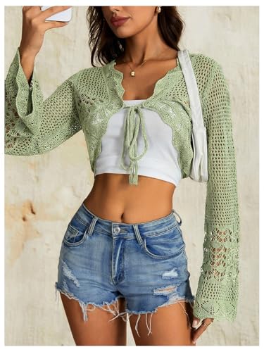 Image of OYOANGLE Women's Crochet Tie Front Sweater Cardigans Bell Sleeve Knitted Cropped Bolero Shrug Cardigan
