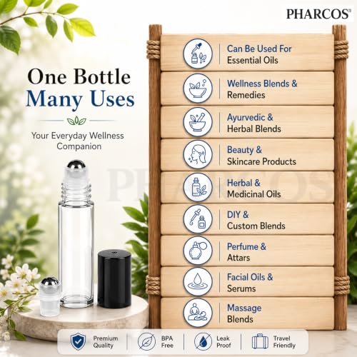 Image of PHARCOS Classic Transparent Glass Roll On Bottles with Black Cap for Essential Oils, Perfumes, Lip Balms, Aromatherapy | Refillable Reusable & Eco- Freindly Leakproof Bottle - 10ml (Pack of 3)
