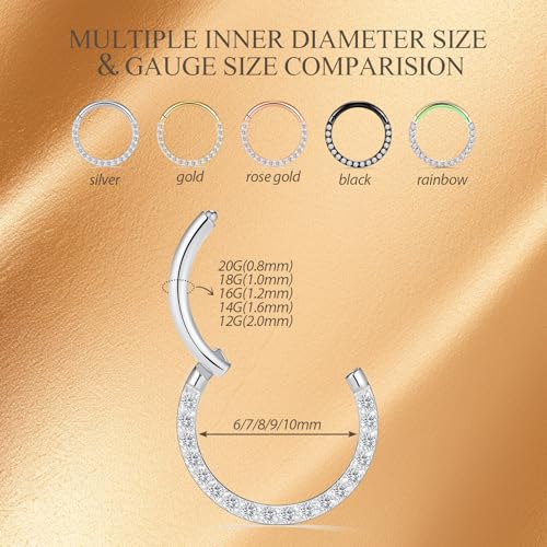 Image of PEAKLINK 16G 18G 316L Stainless Steel CZ /OPAL Septum Piercing Septum Clicker Ring Hinged Nose Ring Daith Earrings Conch Piercing Jewelry Helix Cartilage Tragus Lobe Belly Hoop Earring