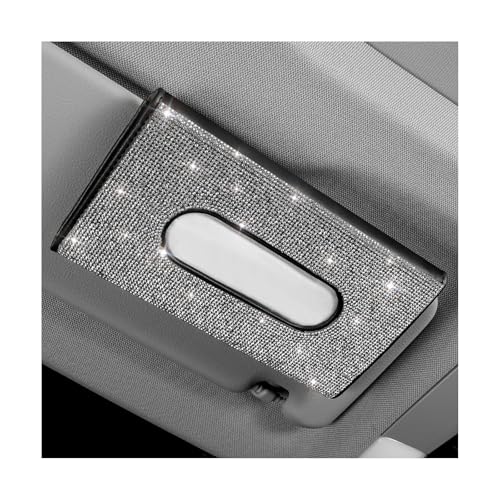 SHMZK Bling Car Sun Visor Tissue Box Holder, Leather Sparkling Crystal Napkin Holder Auto Visor Paper Towel Cover, Rhinestone Backseat Mask Wipe Case Visor Hanging Tissue Organizer (White)