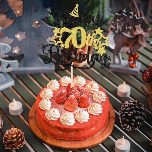 Image of Confetti! Glittering 70th Birthday Cake Topper with Star Hat - Cheers to 70 Years! Fabulous Cake Decorations for Elders 70th Birthday & Anniversary Party Supply