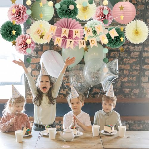Decoraciones de cumpleaños retro verde salvia y rosa polvorienta con abanicos pastel 2