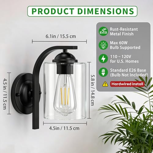 Image of 2-Pack Wall Sconces Lights Lamp for Bedroom Bathroom, Modern Vanity Light Fixtures, Black Farmhouse Wall Mount Lighting Lanterns with Clear Glass Shade for Living Room Mirror Hallway Kitchen