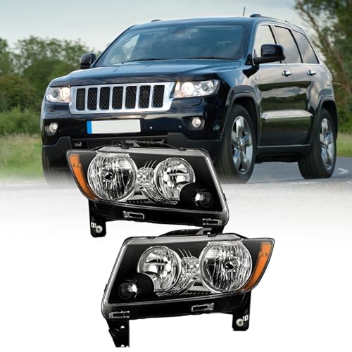 Headlights Assembly Pair for 2011-2013 Jeep Grand Cherokee & 2011-2017 Jeep Compass Halogen Headlights Headlamps L+R (Black)