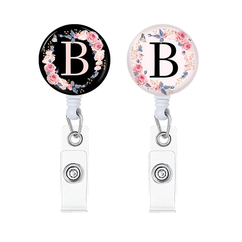 2Pcs A-Z Letter Badge Reels Holder Retractable with ID Clip for Nurse Name Tag Card Cute Nursing Doctor Teacher Student Medical Work Office B