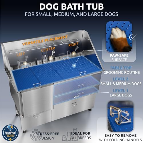 Image of KANIS Professional Dog Washing Station 304 Stainless Steel Pet Wash Sink & Grooming Bathtub w /Shower, Floor Grates and Storage for Large, Medium & Small Pets (Silver, 61 Inches, Left Ramp, 2 Drawers)