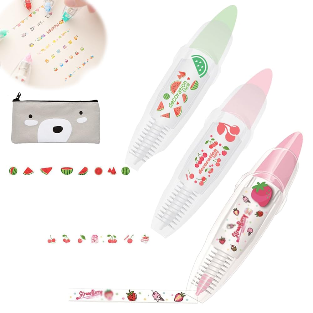 Decorative Pen, DIY Cute Animals Press Type Decorative Pen, Tape Pen, DIY Lace Decoration Tape Pen, Cute Scrapbooking Diary Decorative Correction Tapes (3PCS Fruit)