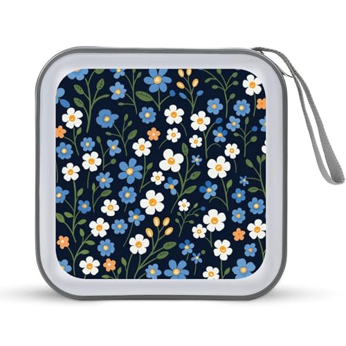 DuduYH Vintage Forget-me-not Flowers on Navy Blue CD Case DVD Storage Case Portable for Car Home Travel