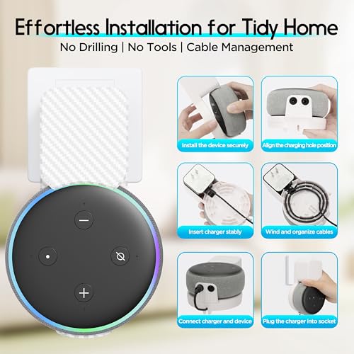 Image of Wall Mount Holder for Echo Dot 3rd Generation, Space Saving Accessories Smart Home Speakers, Clever Echo Dot 3rd Gen Accessories with Built-in Cable Management without Messy Wires - Carbon Fiber White