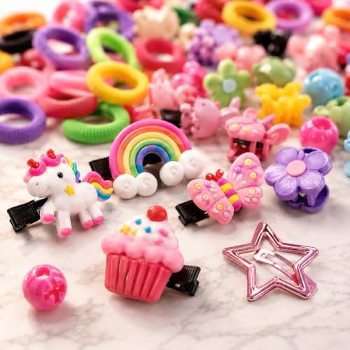 Image of Plutify (190) Pcs Rakshabandhan gift for sister kids Baby Girl Hair Accessories Combo for Kids & Toddlers - 120 Soft Elastic Hair Bands, 10 Cartoon Clips, 20 Mini Claw Clips, 30 Hair Beads ties & 10 Tic Tac Clips | Cute Multicolor Hair Accessories Set for Girls | (0-5 Years)
