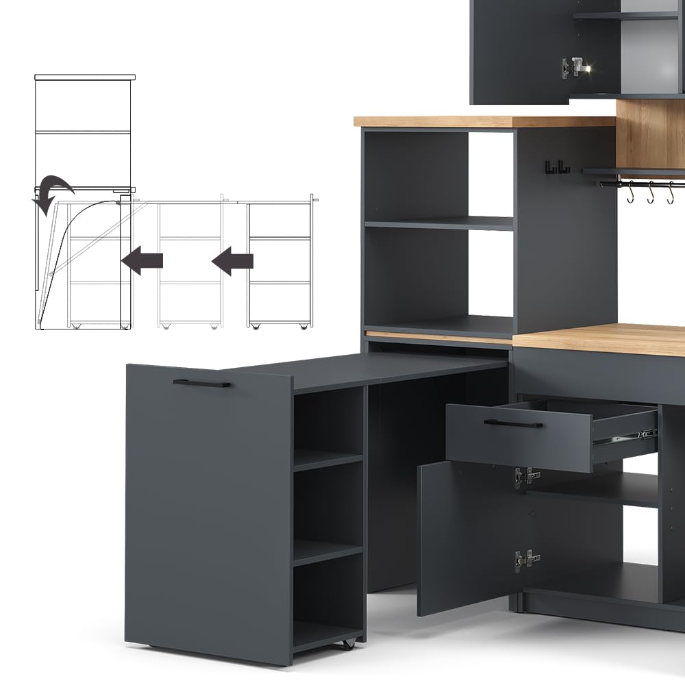 Vicco Küchenzeile Egbert, Anthrazit, 160 cm mit ausziehbarem Tisch, mit integriertem Tellertrockner und seitlichen Regalablagen