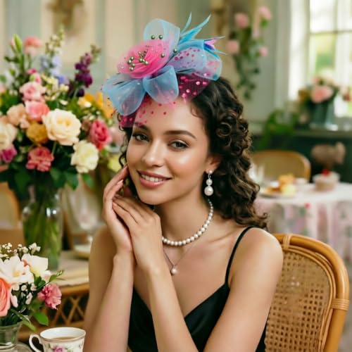 Image of DRESHOW Fascinators Hat Flower Mesh Ribbons Feathers on a Headband and a Clip Tea Party Headwear for Girls and Women