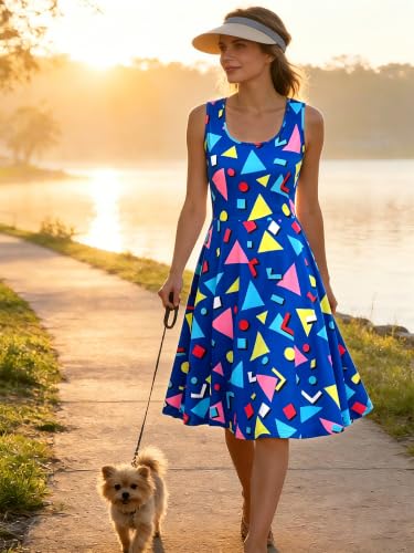 Image of uideazone Women Funny Print Sleeveless U Neck A Line Casual Midi Dress | Soft Stretchy Breathable Fabric Flared Swing Sundress Fitted Waist for Daily Wear 80 /90s Themed Party Beach Vacation Trips