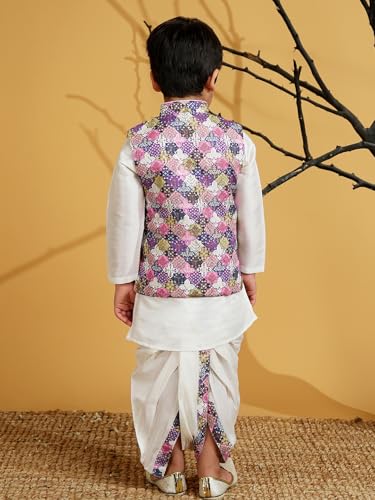 Image of AJ DEZINES Kids Silk Blend Full Sleeve Embroidered Dhoti Kurta Set for Boys - Ethnic wear | Traditional & Festival Wear|Waistcoat for boys - Regular Fit