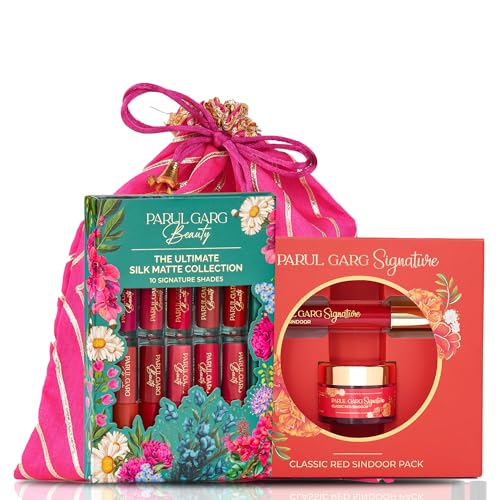 Parul Garg Beauty Festive Shringar Gift Pack | Sindoor, 10-in-1 Silk Matte Lipsticks & Hot Pink Potli | Festival Gift Set for Women, Wife & Friends
