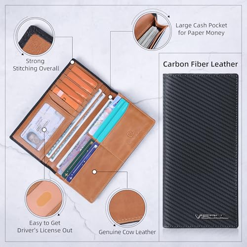 Image of VISOUL Leather Checkbook Cover Wallet for Men with RFID Blocking, Mens Long Bifold Cash Tall Wallet with 11 Credit Card Slots 1 ID Window (Black+Tan)