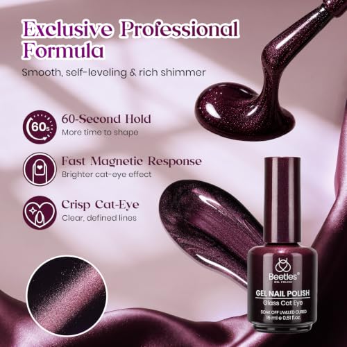 Image of Beetles Deep Purple Cat Eye Gel Polish, 15ML Mystic Plum Magnetic Gel | Glass Purple Cat Eye Glitter Shimmer Gel Sheer Translucent Effect With Magnet Soak Off UV Fall Nail Art Gift for Women